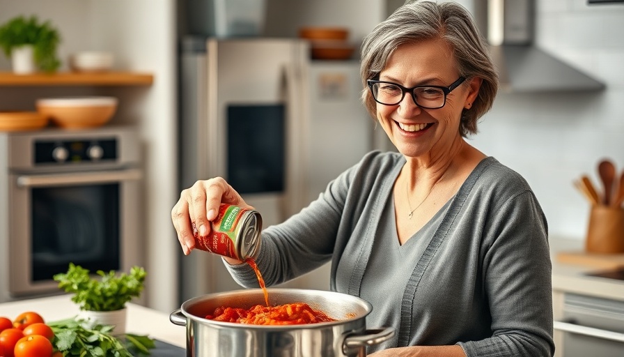 Woman pouring canned tomato sauce in modern kitchen for cognitive health.