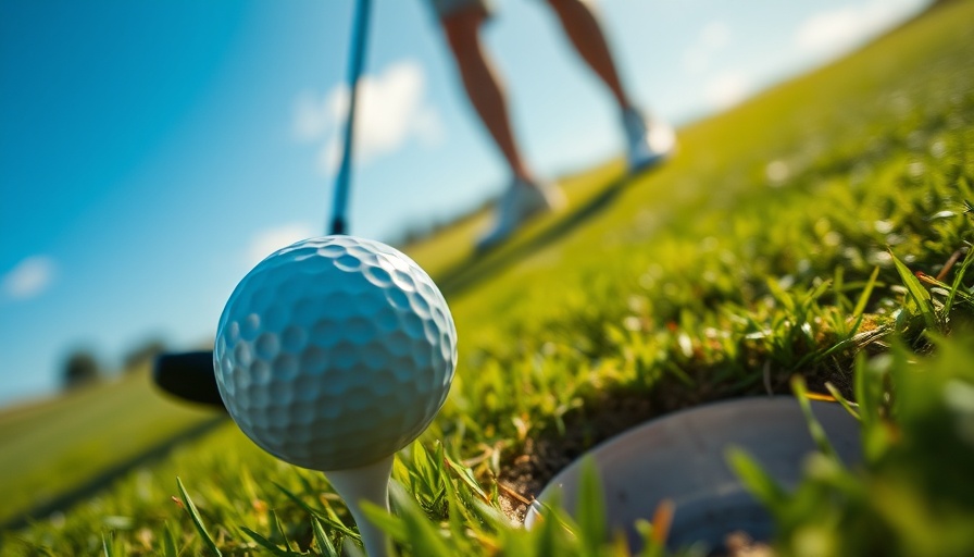 Golf ball close to the hole with golfer in background.