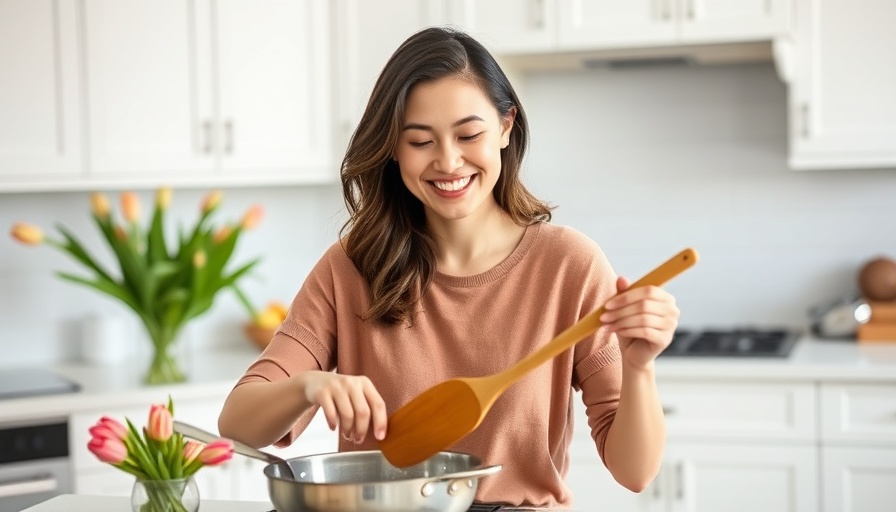 Woman cooking for building a balanced plate in modern kitchen.