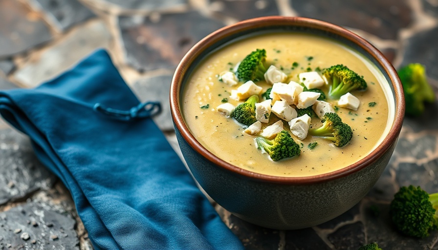 Delicious vegetarian broccoli soup for spring in terracotta bowl.