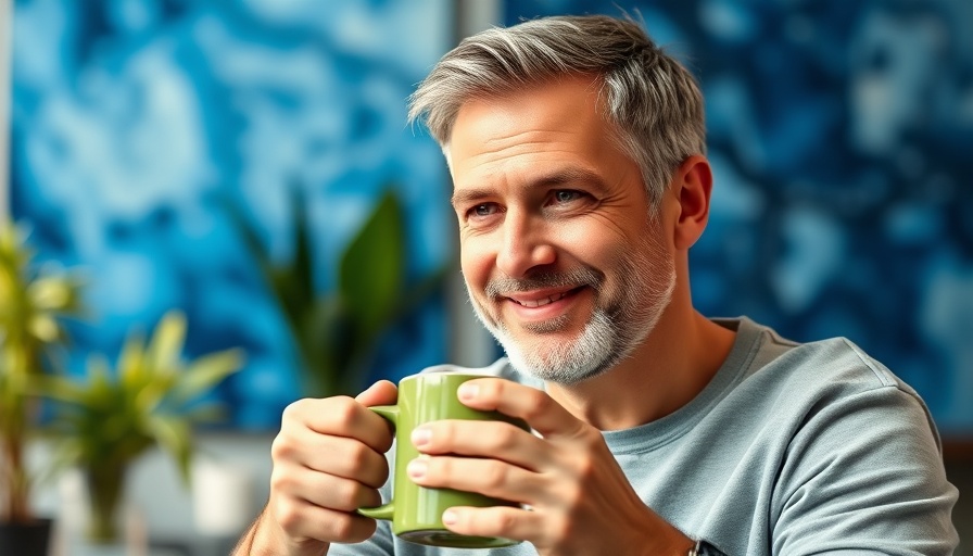 Middle-aged man holding a mug, symbolizing a surprising drink to reduce heart disease risk.