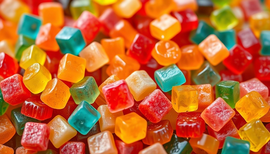 Colorful gummy candies potentially containing Red Dye 40 and Aspartame.