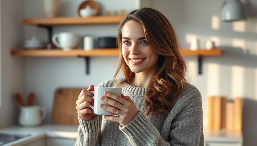 Content woman with mug in kitchen, best spice for reducing bloating