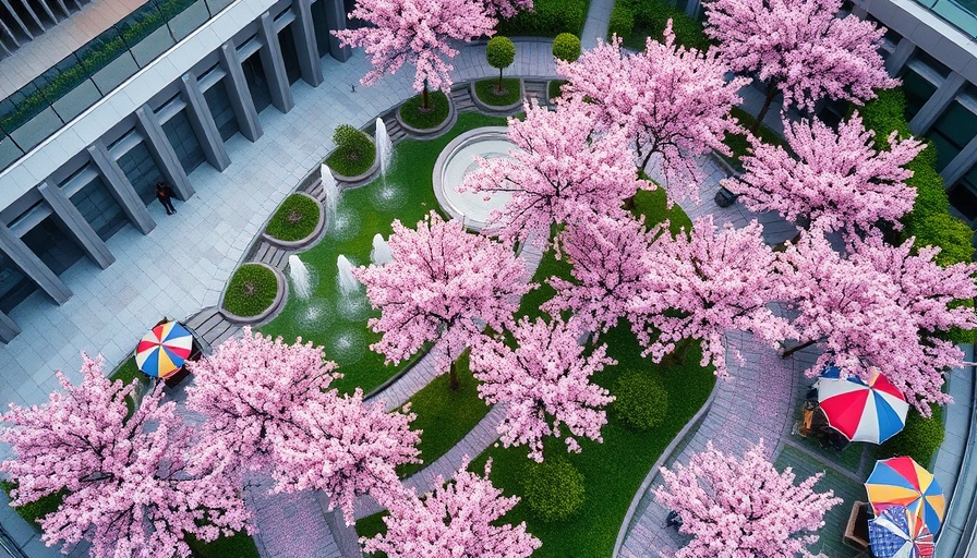 Hanami Line cherry blossom park aerial with vibrant blooms.