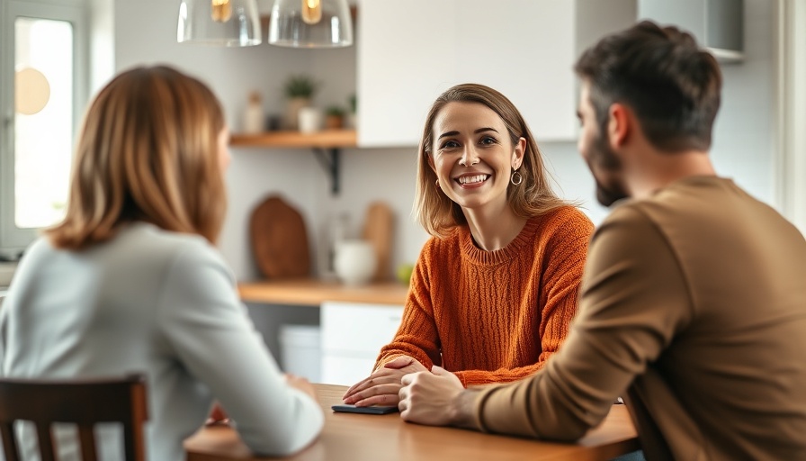 Smiling woman in cozy sweater discussing at table in modern kitchen.