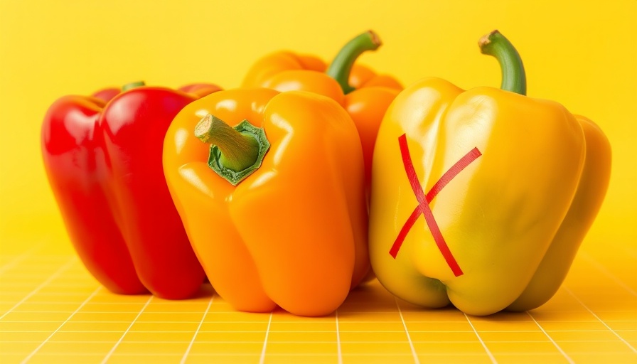 Colorful bell peppers with green pepper marked by X, gradient background.