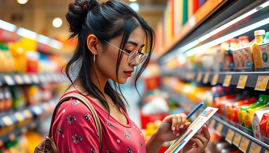 Woman shopping, applying price-tag hack to save money at the grocery store.