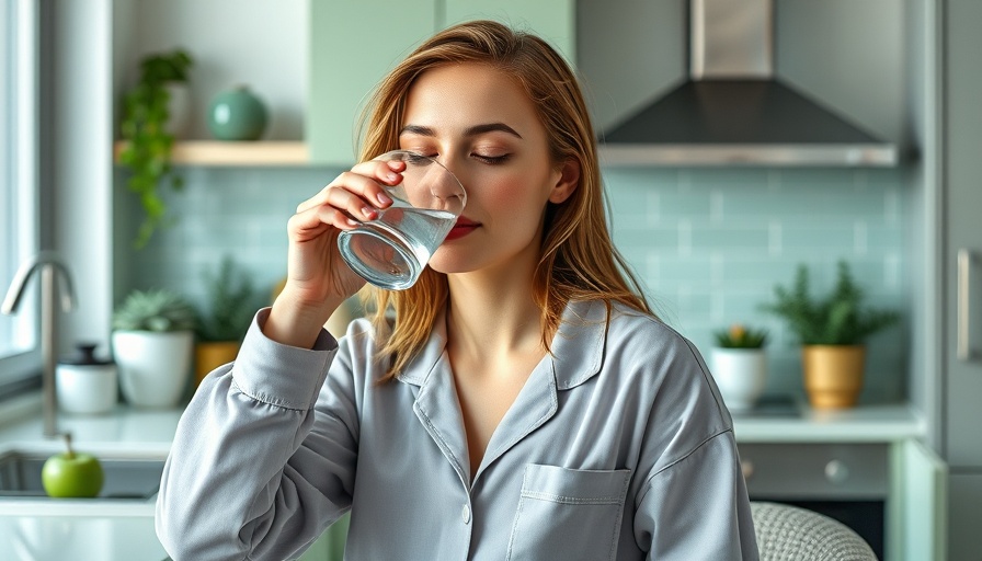 Woman practicing healthy morning routine by drinking water.