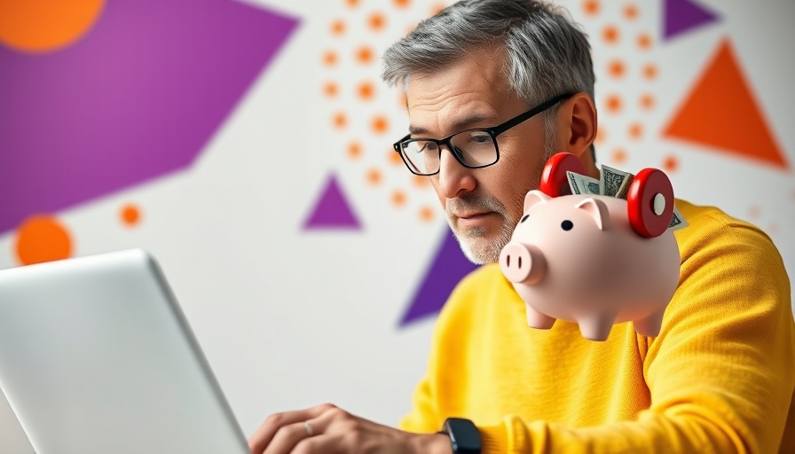 Mature man using laptop with marketing elements, vibrant abstract background.