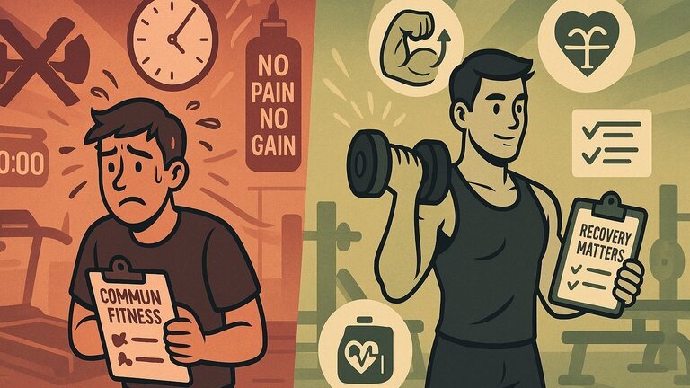 Young man flexing with muscle overlay highlighting fitness advice in focus.