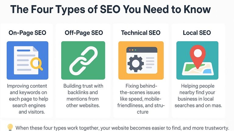 A clean, modern infographic with a bold header at the top: “The Four Types of SEO You Need to Know” The layout is divided into four colorful sections, each with a unique icon and a short description: