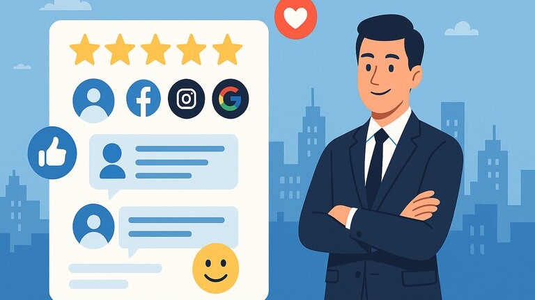 A modern, digital-style illustration showing a business owner standing confidently in front of a large screen displaying five-star reviews, social media icons (like Facebook, X, Instagram, Google), and customer feedback bubbles. 