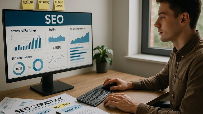 A close-up view of a digital marketing workspace featuring a desktop monitor displaying an SEO dashboard with keyword rankings, traffic analytics, and performance graphs.