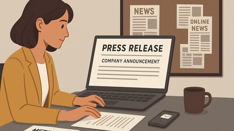 A professional setting with a public relations specialist sitting at a tidy desk, drafting a press release on a sleek laptop. The screen displays a document titled “Press Release – Company Announcement.” 