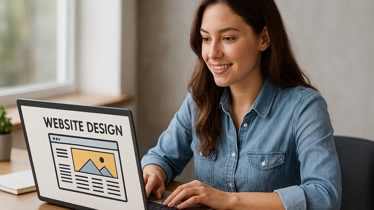 Inside a modern tech office, a web developer sits at a dual-monitor workstation, coding a sleek, responsive website. One screen shows lines of HTML and CSS, while the other displays a live preview of a clean, professional homepage with sections for services, testimonials, and contact info.