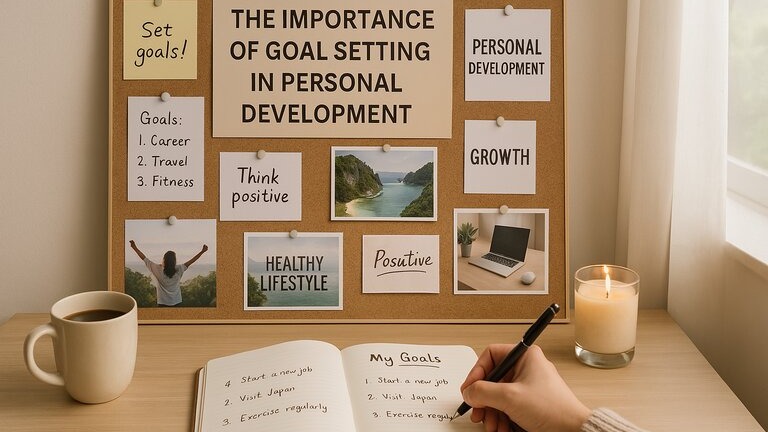 A serene workspace with a vision board on the wall, filled with inspirational quotes, goal lists, and pictures representing dreams like travel, health, and career success. On the desk below, there’s an open journal titled “My Goals” with handwritten entries, a cup of coffee, and a lit candle creating a cozy ambiance. 