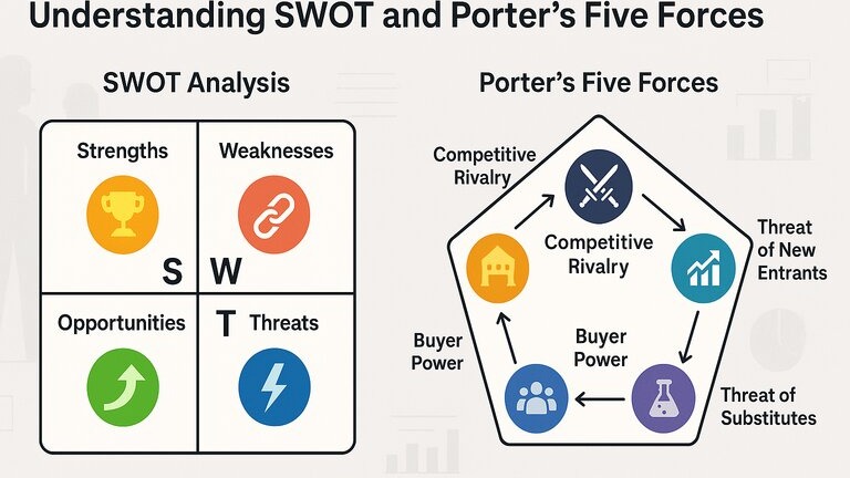 nfographic showing SWOT Analysis and Porter’s Five Forces side by side with icons and diagrams representing key strategic concepts in business analysis.