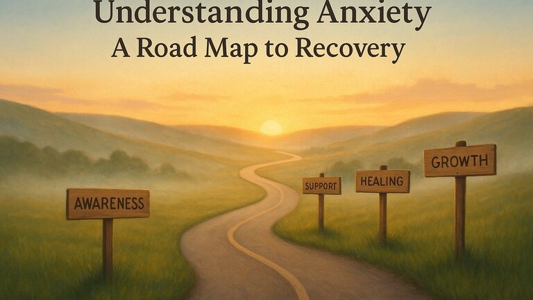 A peaceful sunrise over a winding road with signs labeled "Awareness," "Support," "Healing," and "Growth" symbolizing the journey of anxiety recovery.