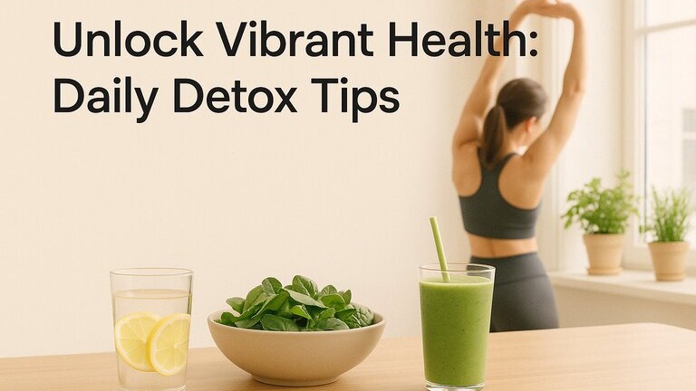 A clean, sunlit kitchen scene with a glass of lemon water, a bowl of leafy greens, and a green smoothie on a wooden counter. In the background, a woman in workout clothes stretches near a window with potted herbs. Text reads: "Unlock Vibrant Health: Daily Detox Tips."