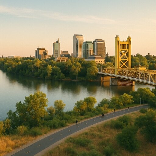 A golden-hour park scene filled with movement and mindfulness—featuring bikers, joggers, meditators, and people relaxing by the river under sunlit trees.