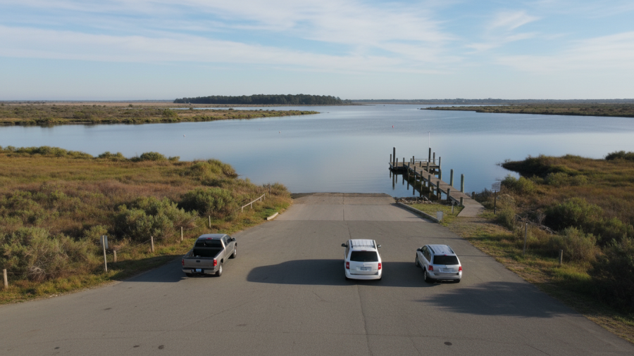 Hogback Island access showing a serene Delta waterway and boat launch area.