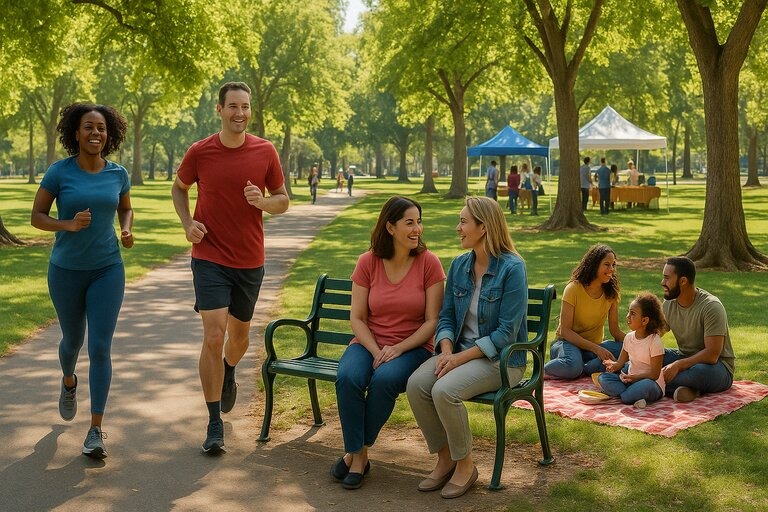 People jogging, picnicking, and socializing at McKinley Park, showing how green spaces foster health, connection, and community bonding.
