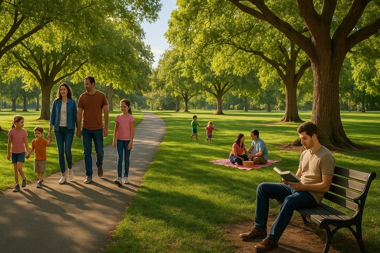 Visitors enjoy a peaceful afternoon at McKinley Park, with families strolling, kids playing, and a solo traveler relaxing under the trees with a book.