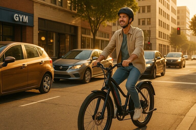 A young man rides a Rad Power electric bike through a sunlit city street, passing cars near a gym and coffee shop. He smiles confidently, wearing a helmet and casual clothes, with the golden light of sunset casting warm tones over the urban scene.