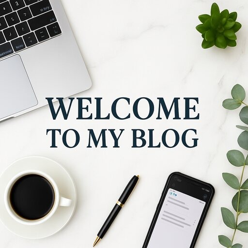 Flat lay on marble with â€œWelcome to My Blogâ€ text, laptop, coffee, smartphone, pen, and greeneryâ€”clean, professional, and business-focused setup.