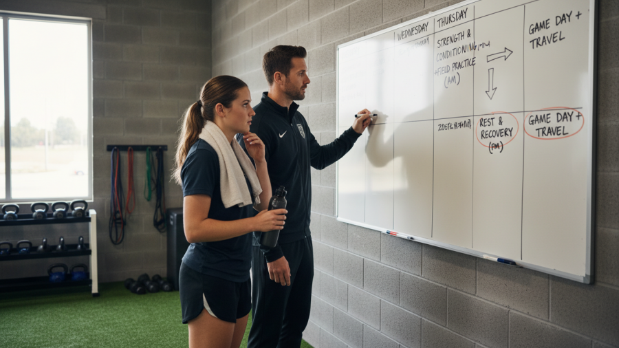 Coach and athlete review training schedule for optimized sport performance.