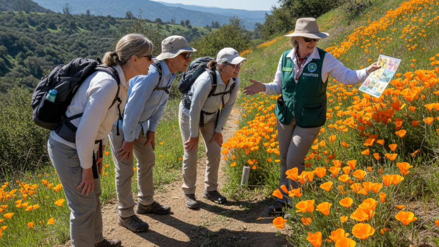 Hikers learning about wildflowers with a docent on a sunny trail.