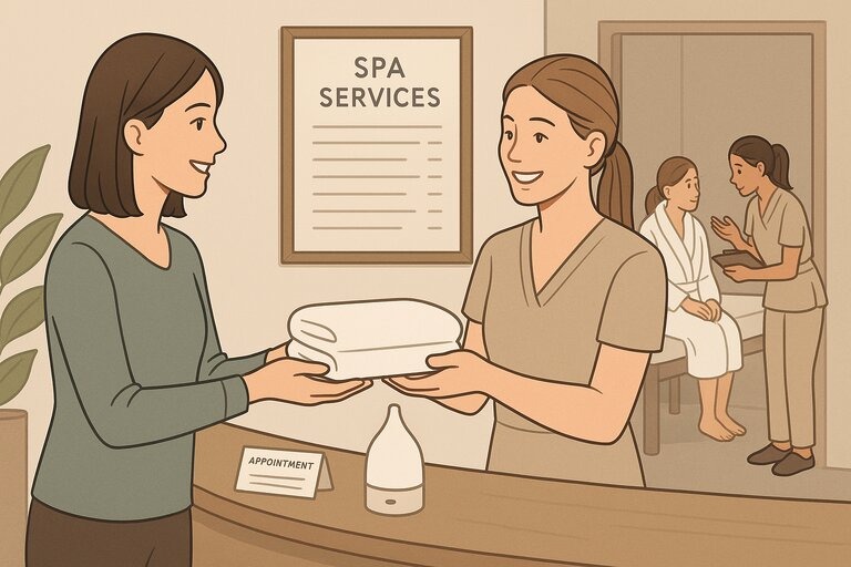Spa receptionist warmly greeting a client, with service menu, towel, and therapist consultation in background, illustrating multiple client touchpoints.