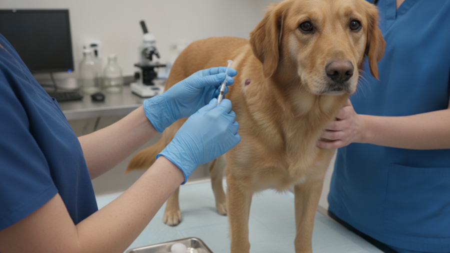 Veterinarian performing fine-needle aspiration on dog's lump, diagnosing cyst or tumor.