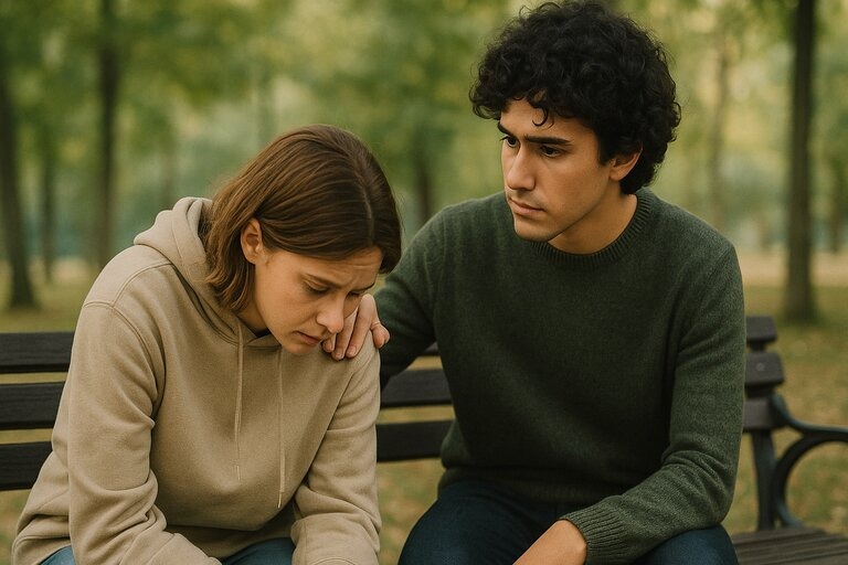 A young man gently comforts a sad young woman on a park bench, resting his hand on her shoulder as they sit quietly in a peaceful, green outdoor setting.
