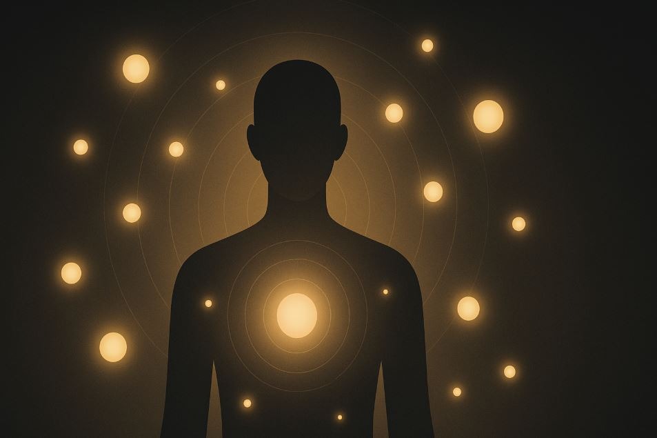 Stylized human silhouette surrounded by glowing orbs of light, symbolizing consciousness, energy fields, and spiritual awareness.