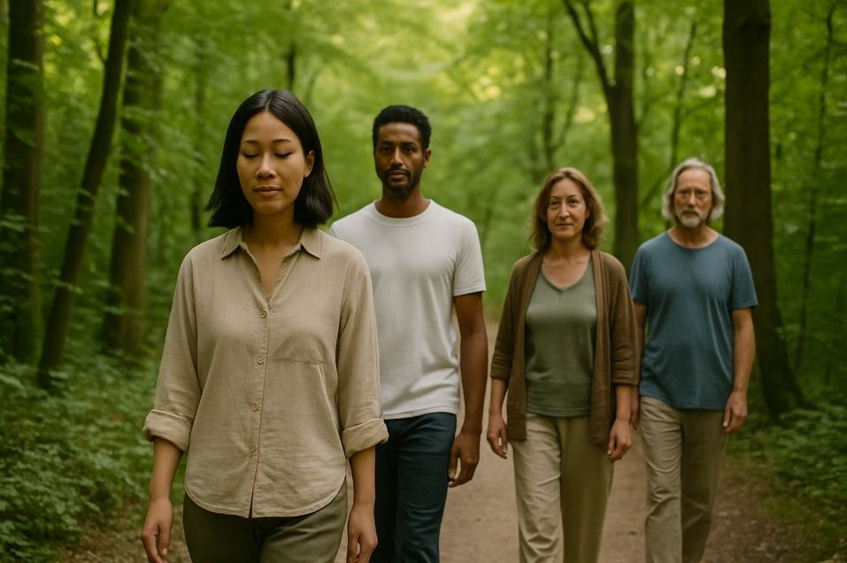 Diverse group practicing mindful walking meditation under tall green trees in a peaceful forest setting.
