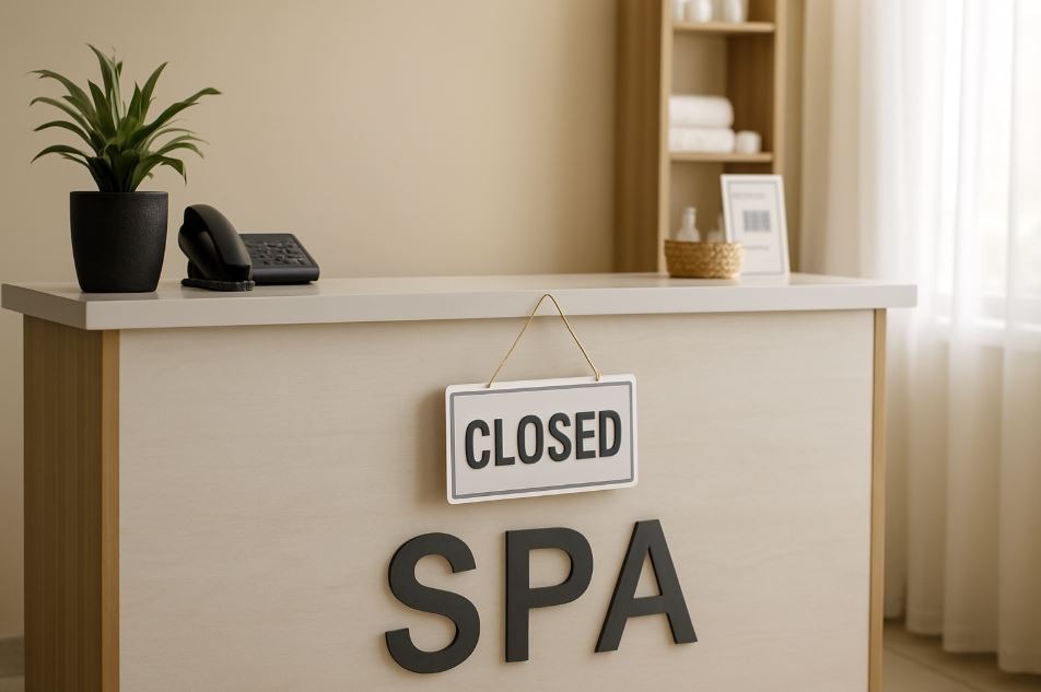 An empty spa reception desk with a closed sign hanging, symbolizing the impact of economic downturns or public health closures on spa businesses.