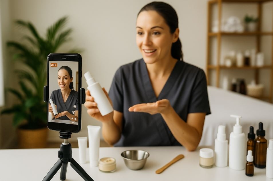 A spa staff member hosts a live-stream skincare product demo, smiling and gesturing on camera, showcasing creative revenue pivots in a modern spa setting.
