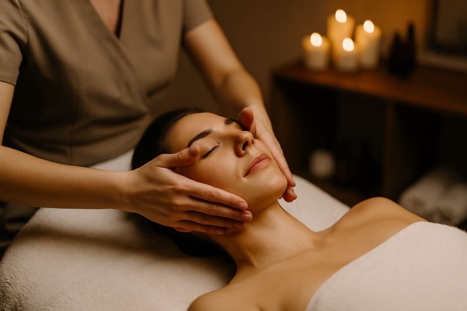 A close-up of a client receiving a calming facial massage in a softly lit spa room, highlighting the spa’s unique signature treatment experience.