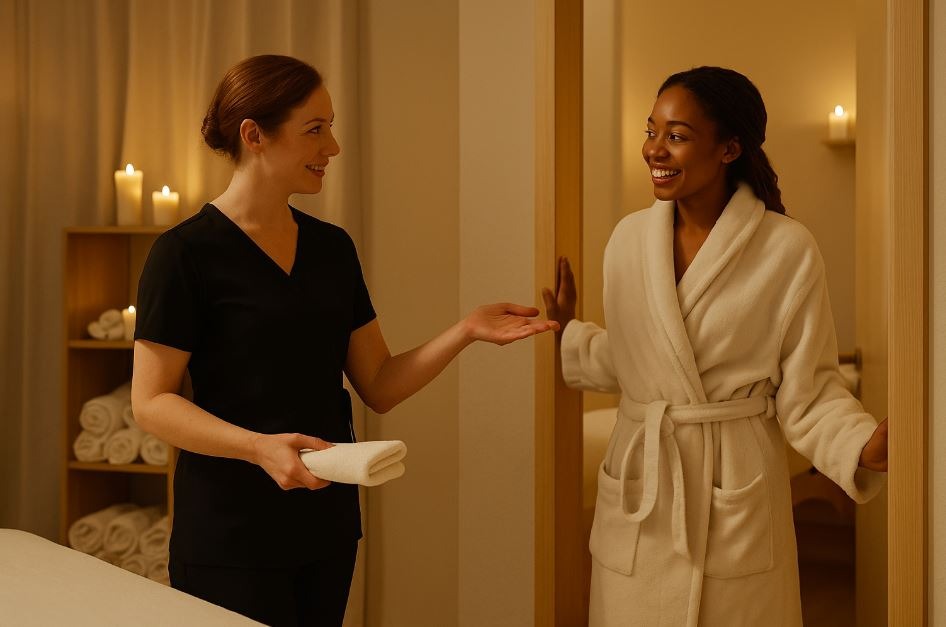 Spa therapist welcoming a client, emphasizing clear communication and personalized service in the client journey.