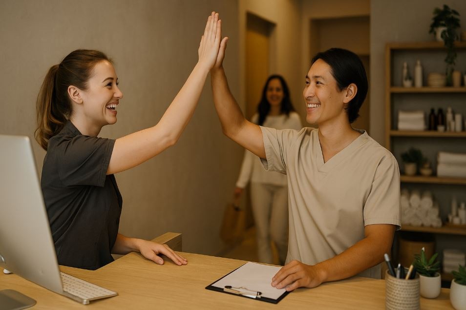 Spa staff celebrating a small sales win, highlighting the importance of team enthusiasm and incremental business success.