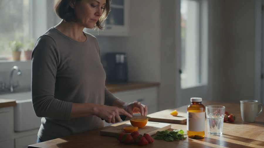 Woman preparing vitamin C-rich foods in a kitchen with a vitamin C supplement bottle nearby.