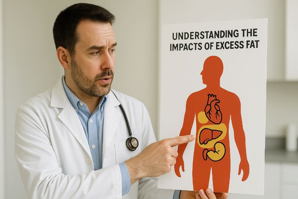  Healthcare professional pointing at a human anatomy chart, explaining the impacts of excess body fat on organs in a bright clinical setting.