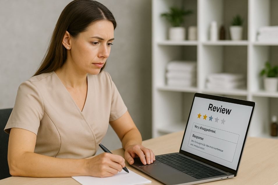 Spa manager managing online reviews on a laptop, drafting a thoughtful response.