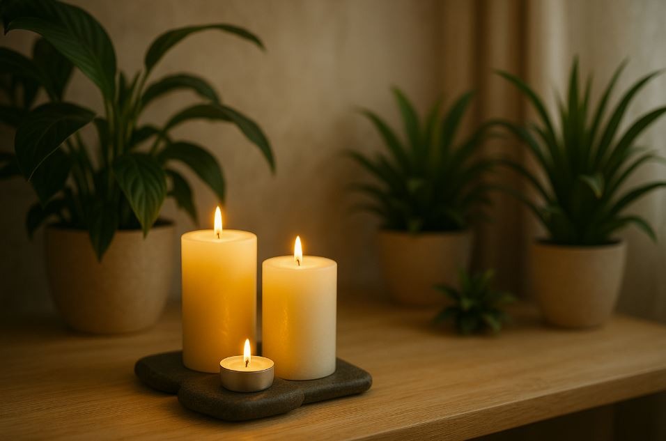 Serene spa setting with candles and plants, representing calm leadership and atmosphere.
