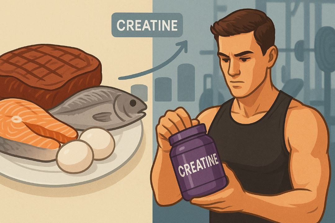 Split-screen image showing animal-based foods like steak, fish, and eggs on one side, and an athlete holding a creatine supplement in a gym on the other, highlighting the balance between dietary creatine sources and supplementation for fitness performance.