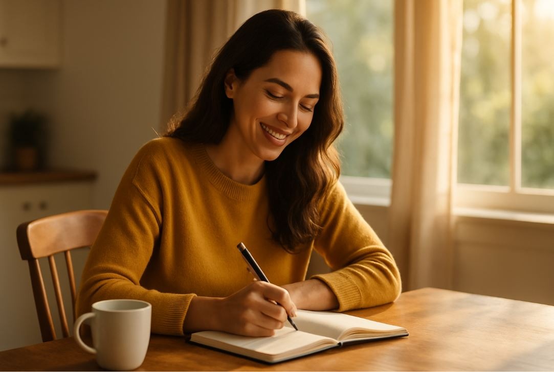 Woman journaling at home, practicing mindfulness and anxiety coping tools.