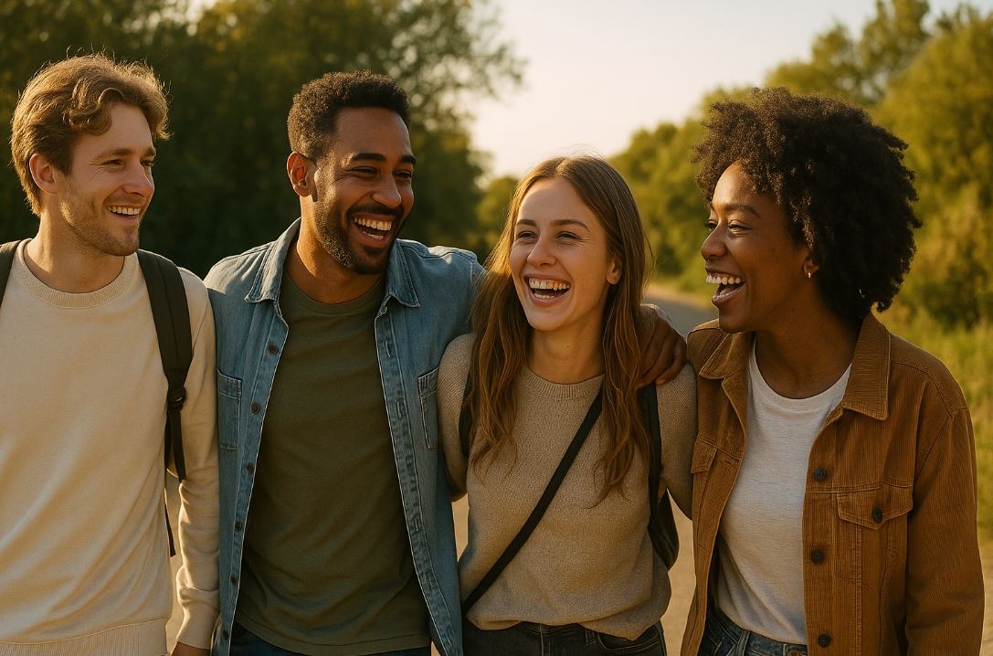 Friends walking outside, highlighting social connection as a stress management tool.