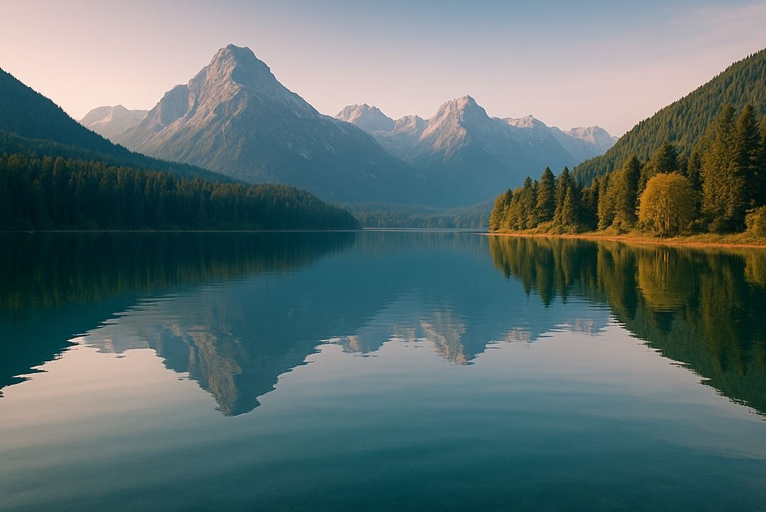 Peaceful mountain lake, symbolizing balance, peace, and mental wellness.