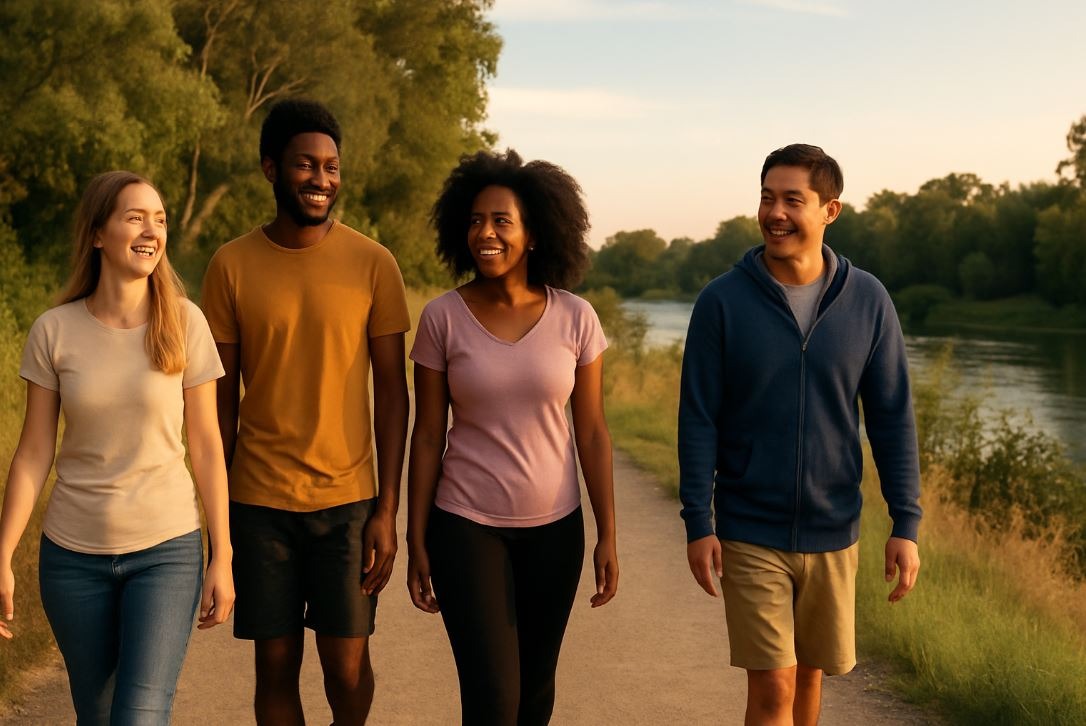 Sacramento locals walking together by American River, showing active lifestyle for better health.